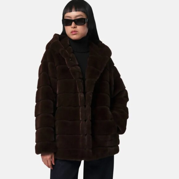 Apparis Goldy Hooded Espresso Faux-Fur Coat Size Small - Picture 1 of 13